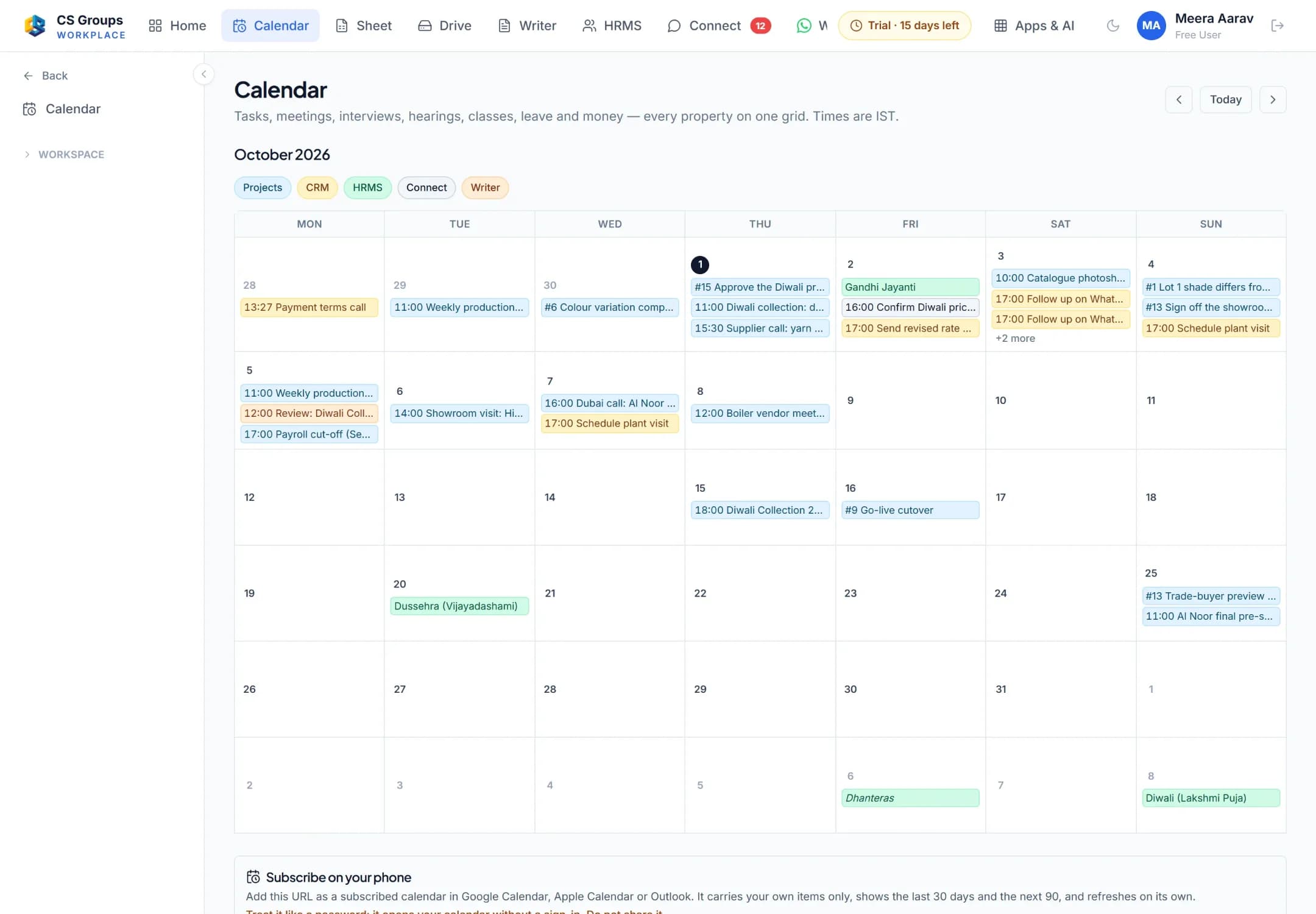 CS Calendar: a month grid with meetings, tasks and holidays from different apps, colour-coded by app.