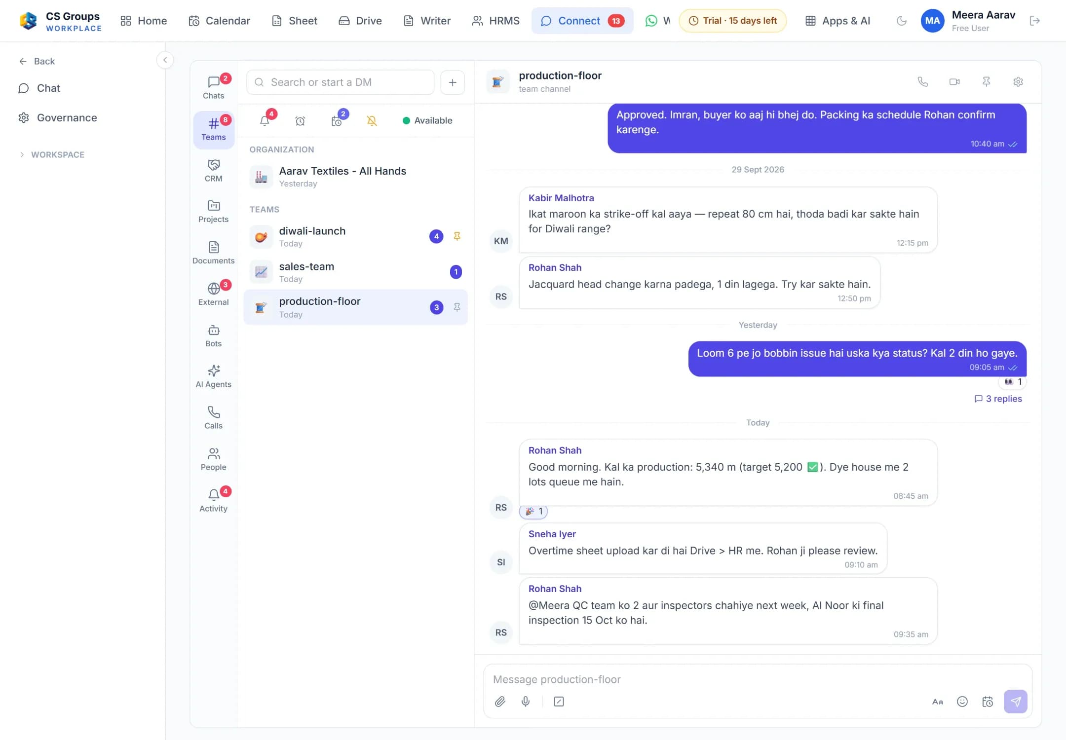 CS Connect: a team channel with messages, reactions and a thread, and the list of channels beside it.