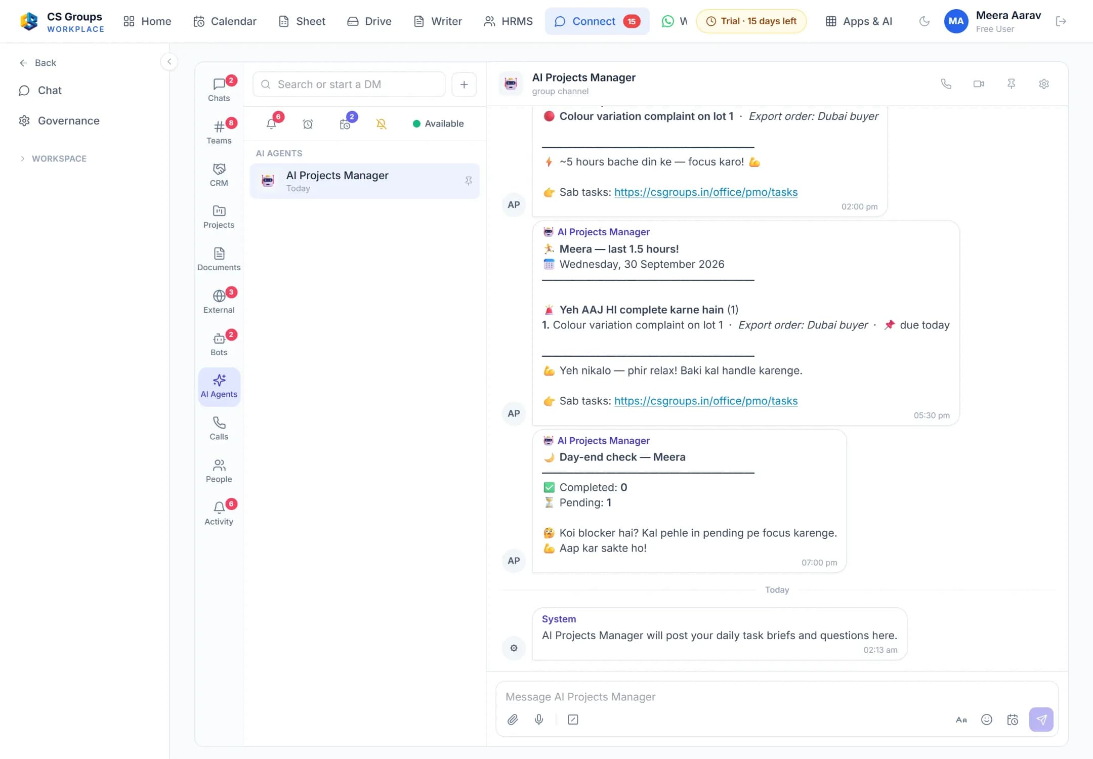 CS Connect: the AI Projects Manager’s room with a last-hours reminder and a day-end check listing completed and pending tasks.
